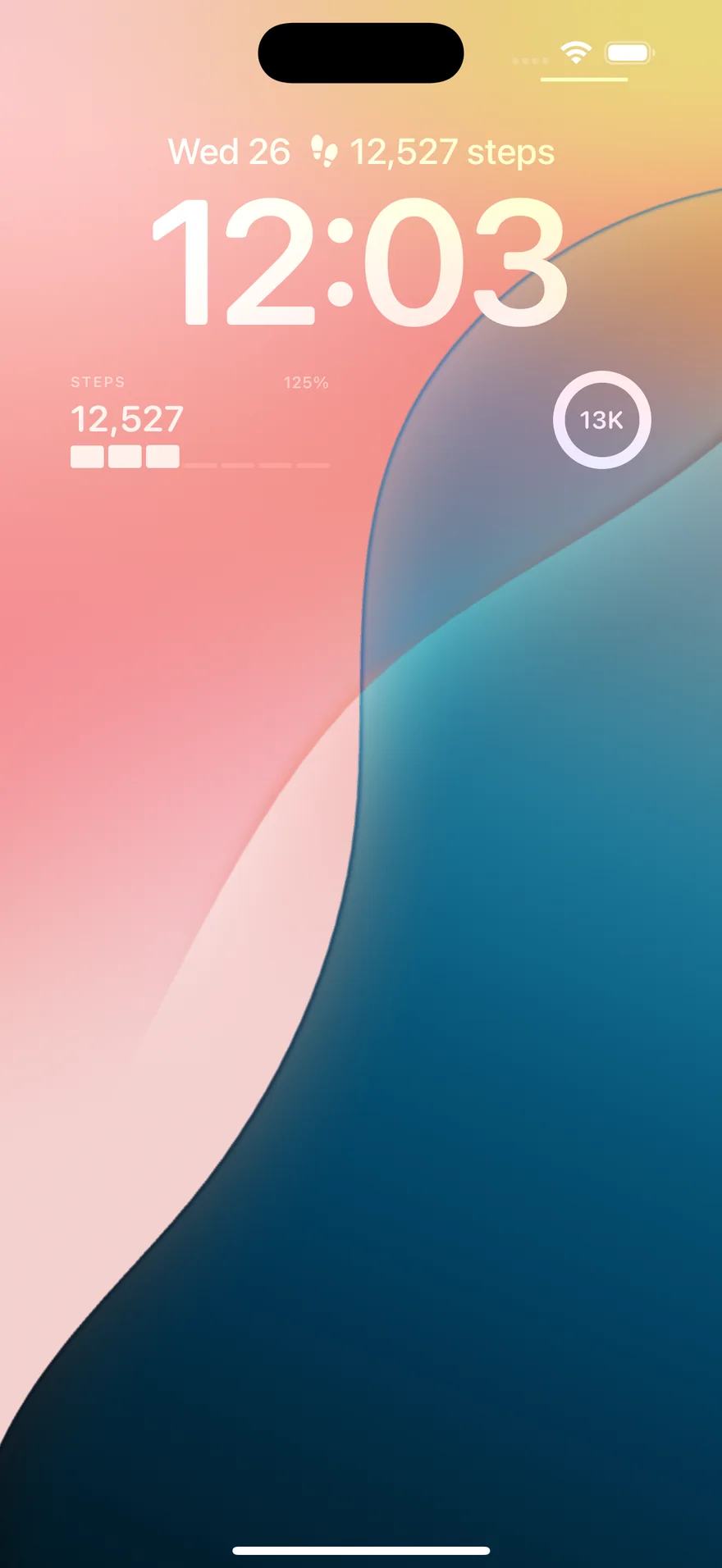 An iPhone Lock Screen with Stepling widgets: 12,527 steps beside the date, a rectangular widget reading 12,527 steps at 125% of goal with the week's bars, and a circular ring widget reading 13K.